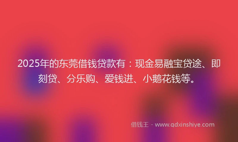 2025年的东莞借钱贷款有:现金易融宝贷途、即刻贷、分乐购、爱钱进、小鹅花钱等。