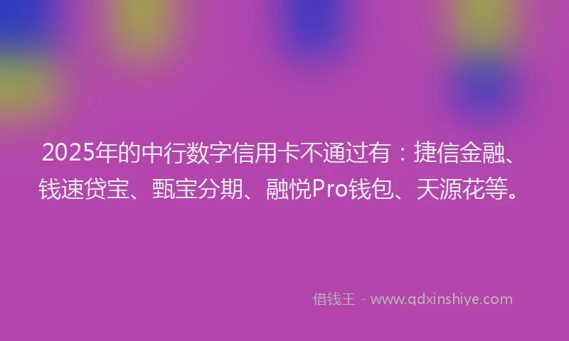 2025年的中行数字信用卡不通过有：捷信金融、钱速贷宝、甄宝分期、融悦Pro钱包、天源花等。