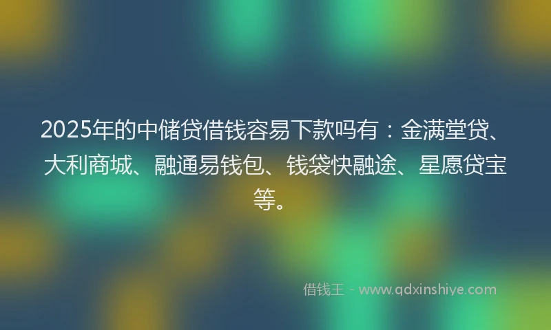 2025年的中储贷借钱容易下款吗有:金满堂贷、大利商城、融通易钱包、钱袋快融途、星愿贷宝等。