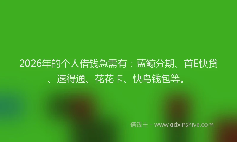 2026年的个人借钱急需有：蓝鲸分期、首E快贷、速得通、花花卡、快鸟钱包等。
