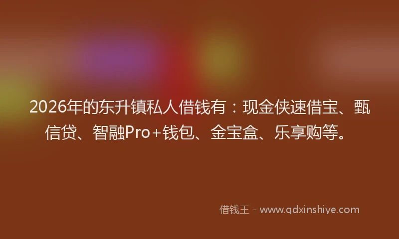 2026年的东升镇私人借钱有:现金侠速借宝、甄信贷、智融Pro+钱包、金宝盒、乐享购等。