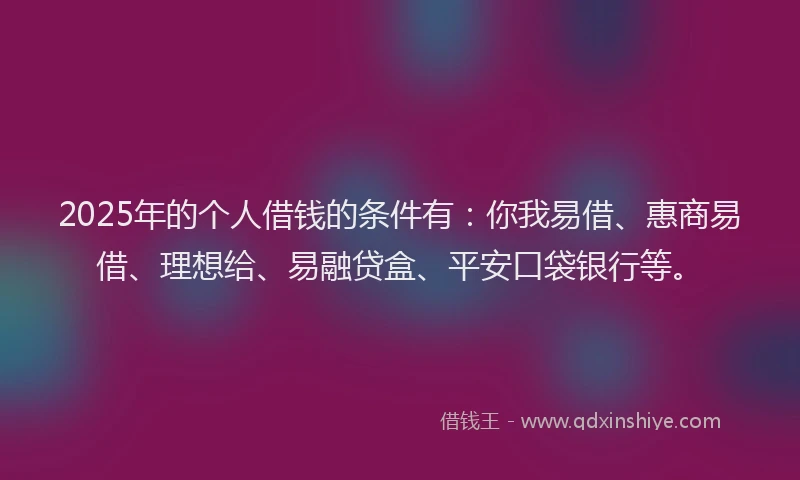 2025年的个人借钱的条件有：你我易借、惠商易借、理想给、易融贷盒、平安口袋银行等。