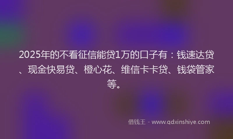 2025年的不看征信能贷1万的口子有：钱速达贷、现金快易贷、橙心花、维信卡卡贷、钱袋管家等。