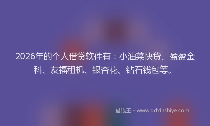 2026年的个人借贷软件有：小油菜快贷、盈盈金科、友福租机、银杏花、钻石钱包等。