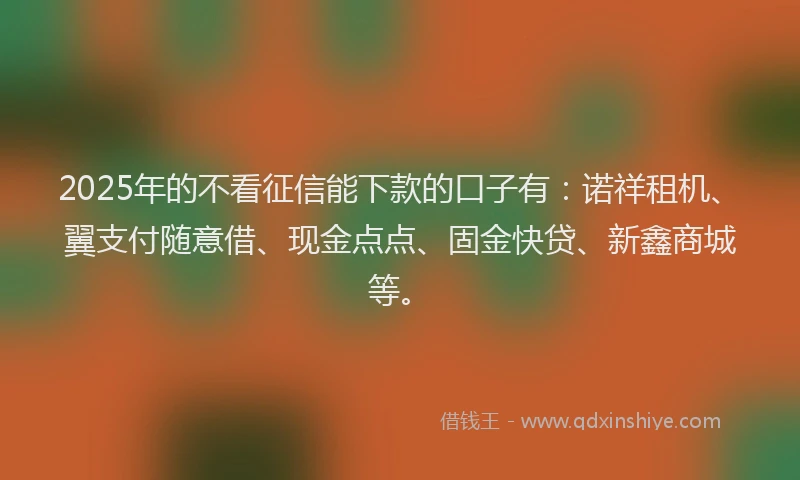2025年的不看征信能下款的口子有:诺祥租机、翼支付随意借、现金点点、固金快贷、新鑫商城等。