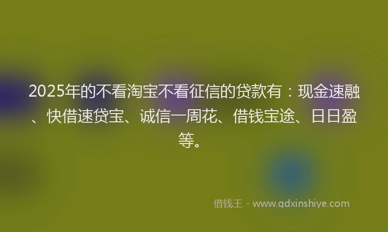 2025年的不看淘宝不看征信的贷款有：现金速融、快借速贷宝、诚信一周花、借钱宝途、日日盈等。