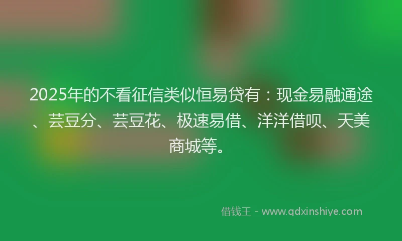 2025年的不看征信类似恒易贷有：现金易融通途、芸豆分、芸豆花、极速易借、洋洋借呗、天美商城等。