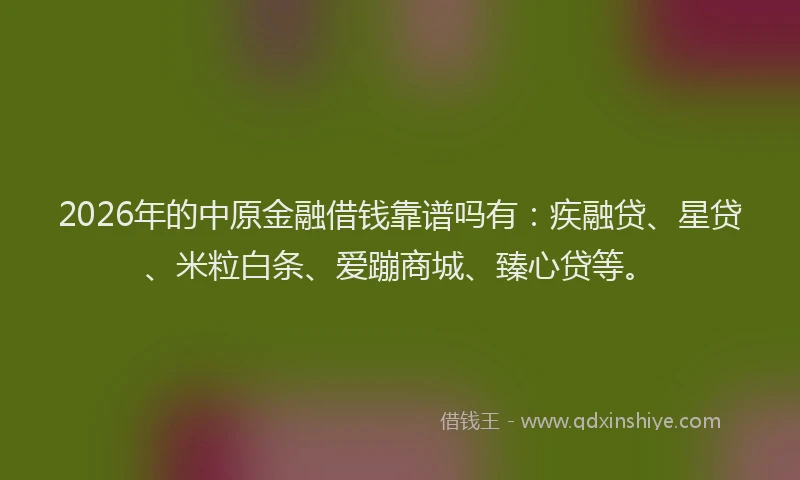2026年的中原金融借钱靠谱吗有：疾融贷、星贷、米粒白条、爱蹦商城、臻心贷等。