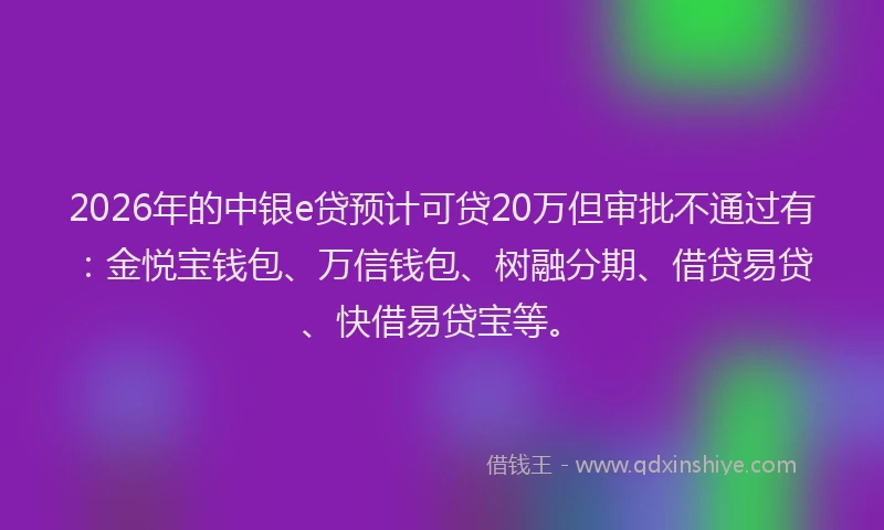 2026年的中银e贷预计可贷20万但审批不通过有：金悦宝钱包、万信钱包、树融分期、借贷易贷、快借易贷宝等。