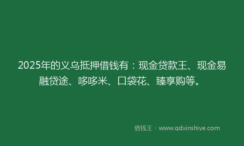 2025年的义乌抵押借钱有：现金贷款王、现金易融贷途、哆哆米、口袋花、臻享购等。