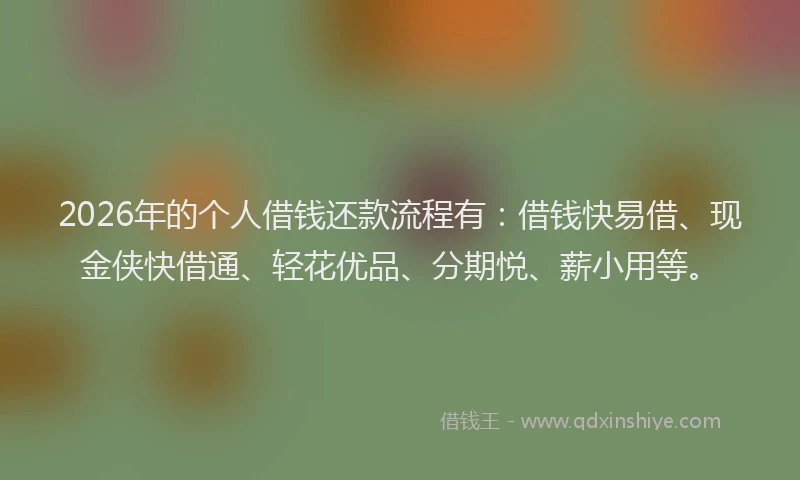 2026年的个人借钱还款流程有:借钱快易借、现金侠快借通、轻花优品、分期悦、薪小用等。