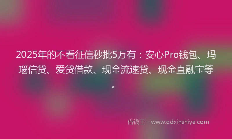 2025年的不看征信秒批5万有:安心Pro钱包、玛瑙信贷、爱贷借款、现金流速贷、现金直融宝等。