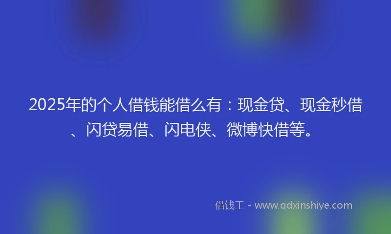 2025年的个人借钱能借么有：现金贷、现金秒借、闪贷易借、闪电侠、微博快借等。