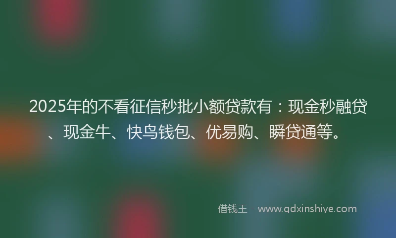 2025年的不看征信秒批小额贷款有：现金秒融贷、现金牛、快鸟钱包、优易购、瞬贷通等。