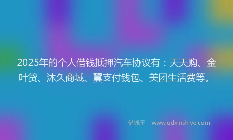 2025年的个人借钱抵押汽车协议有：天天购、金叶贷、沐久商城、翼支付钱包、美团生活费等。