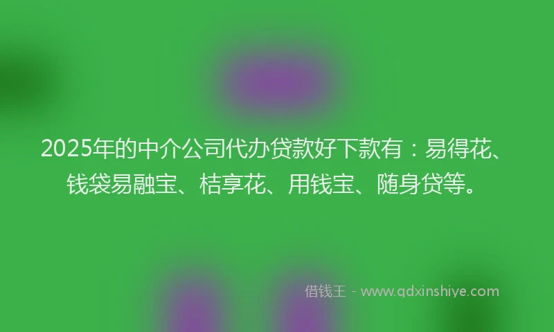 2025年的中介公司代办贷款好下款有：易得花、钱袋易融宝、桔享花、用钱宝、随身贷等。