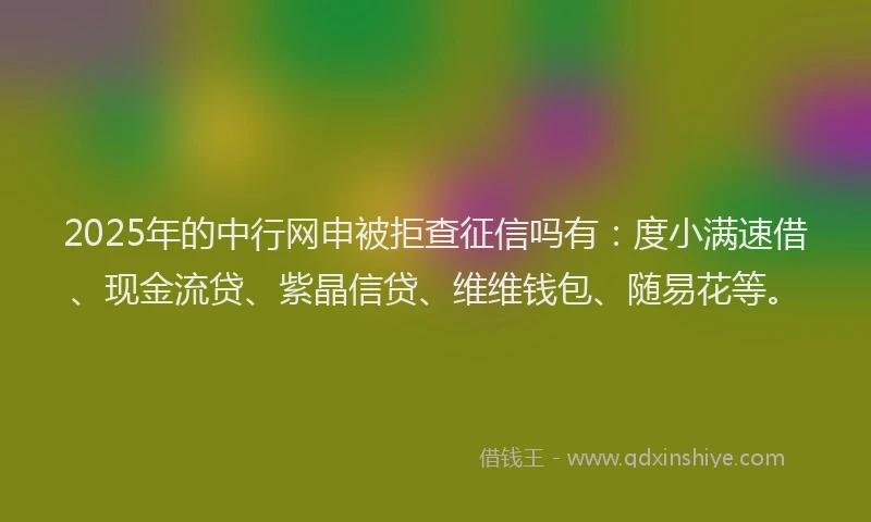 2025年的中行网申被拒查征信吗有：度小满速借、现金流贷、紫晶信贷、维维钱包、随易花等。