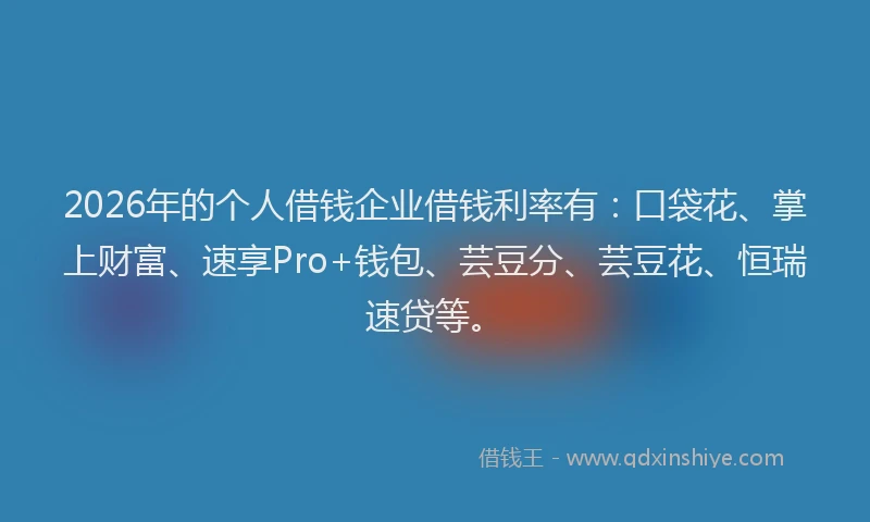 2026年的个人借钱企业借钱利率有：口袋花、掌上财富、速享Pro+钱包、芸豆分、芸豆花、恒瑞速贷等。