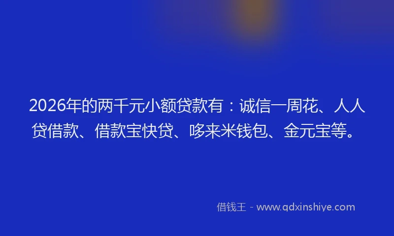 2026年的两千元小额贷款有：诚信一周花、人人贷借款、借款宝快贷、哆来米钱包、金元宝等。