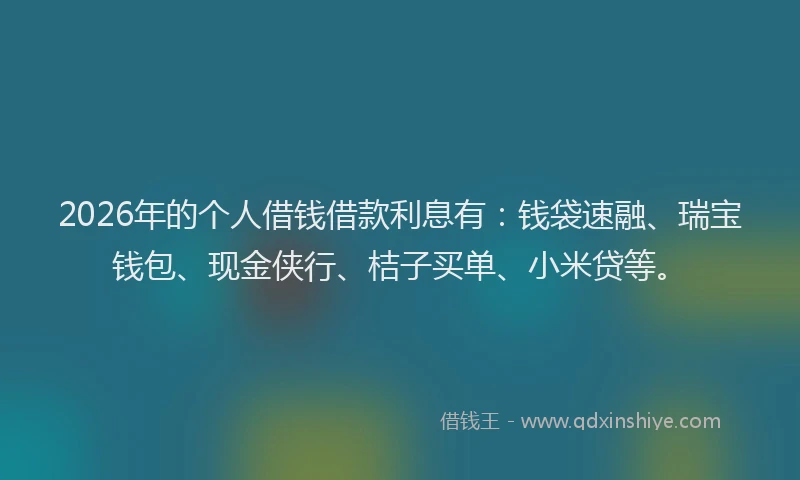 2026年的个人借钱借款利息有:钱袋速融、瑞宝钱包、现金侠行、桔子买单、小米贷等。