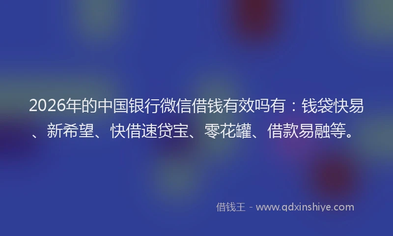 2026年的中国银行微信借钱有效吗有：钱袋快易、新希望、快借速贷宝、零花罐、借款易融等。