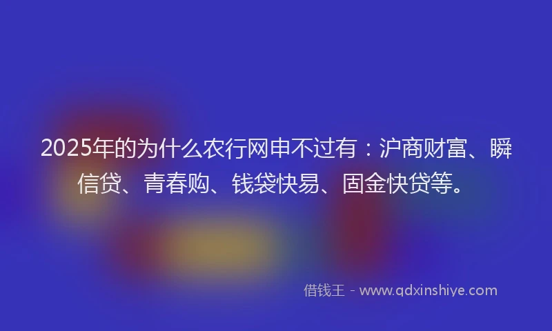2025年的为什么农行网申不过有：沪商财富、瞬信贷、青春购、钱袋快易、固金快贷等。
