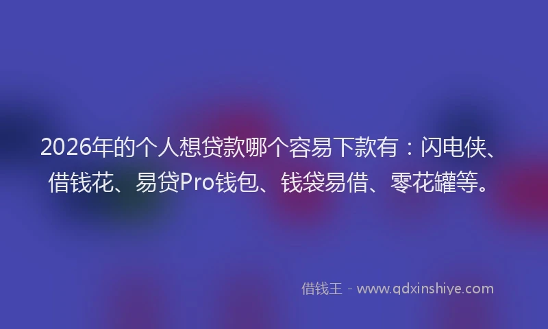 2026年的个人想贷款哪个容易下款有：闪电侠、借钱花、易贷Pro钱包、钱袋易借、零花罐等。