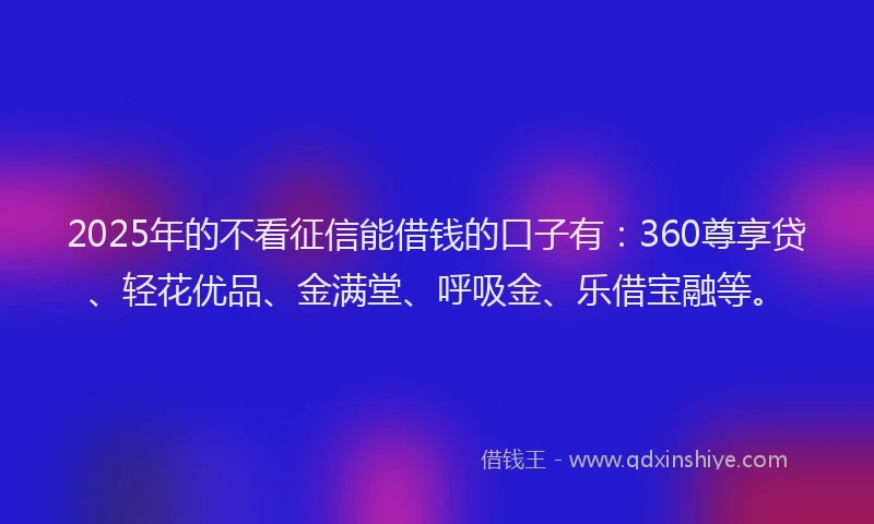 2025年的不看征信能借钱的口子有：360尊享贷、轻花优品、金满堂、呼吸金、乐借宝融等。