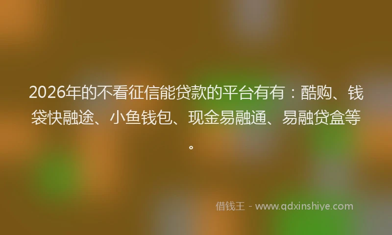 2026年的不看征信能贷款的平台有有：酷购、钱袋快融途、小鱼钱包、现金易融通、易融贷盒等。
