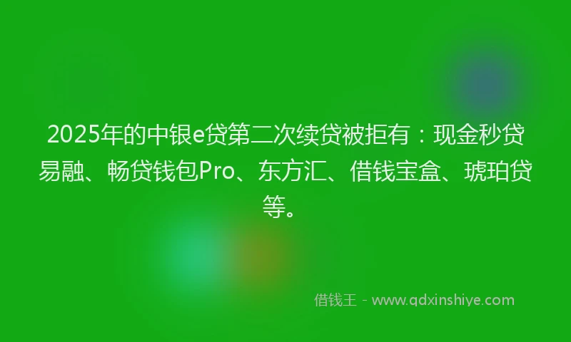 2025年的中银e贷第二次续贷被拒有：现金秒贷易融、畅贷钱包Pro、东方汇、借钱宝盒、琥珀贷等。