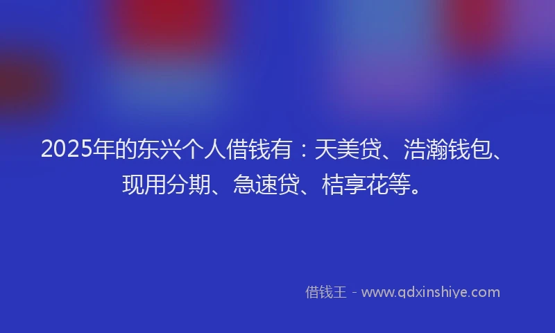 2025年的东兴个人借钱有：天美贷、浩瀚钱包、现用分期、急速贷、桔享花等。