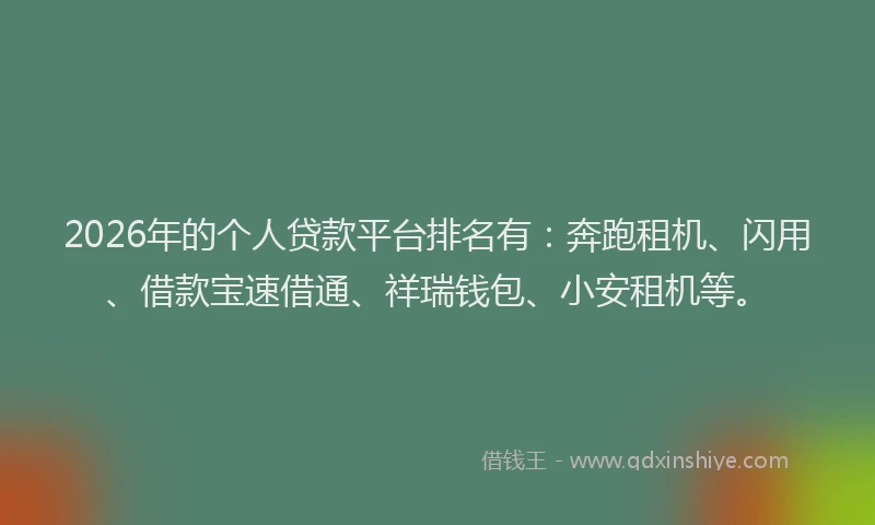 2026年的个人贷款平台排名有：奔跑租机、闪用、借款宝速借通、祥瑞钱包、小安租机等。