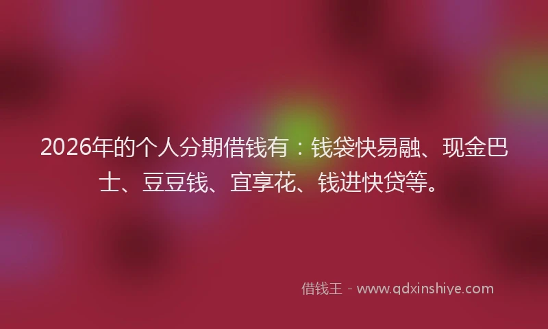 2026年的个人分期借钱有：钱袋快易融、现金巴士、豆豆钱、宜享花、钱进快贷等。