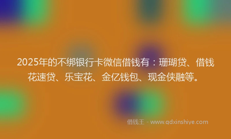 2025年的不绑银行卡微信借钱有:珊瑚贷、借钱花速贷、乐宝花、金亿钱包、现金侠融等。