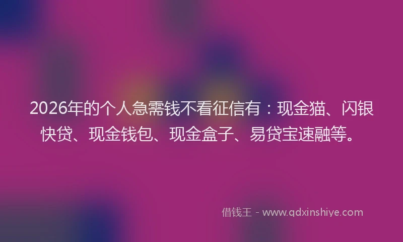 2026年的个人急需钱不看征信有：现金猫、闪银快贷、现金钱包、现金盒子、易贷宝速融等。