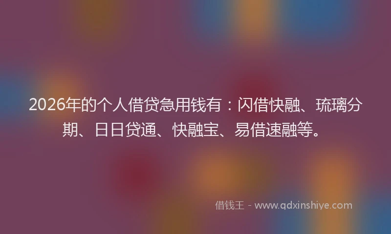 2026年的个人借贷急用钱有:闪借快融、琉璃分期、日日贷通、快融宝、易借速融等。