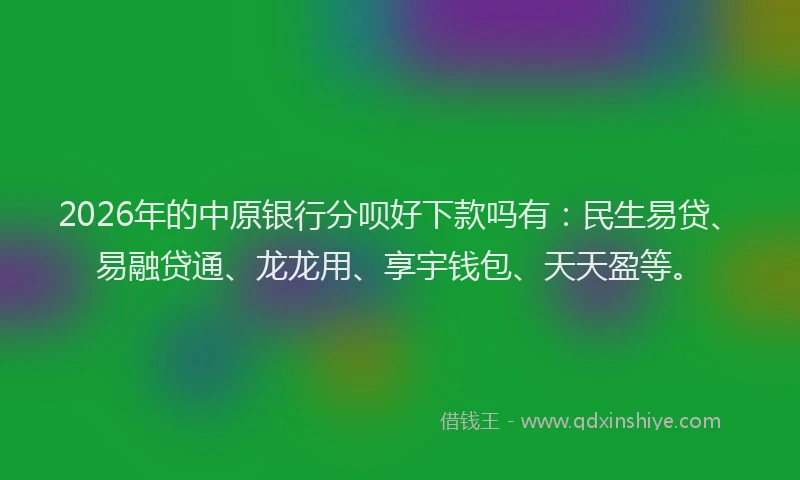 2026年的中原银行分呗好下款吗有:民生易贷、易融贷通、龙龙用、享宇钱包、天天盈等。