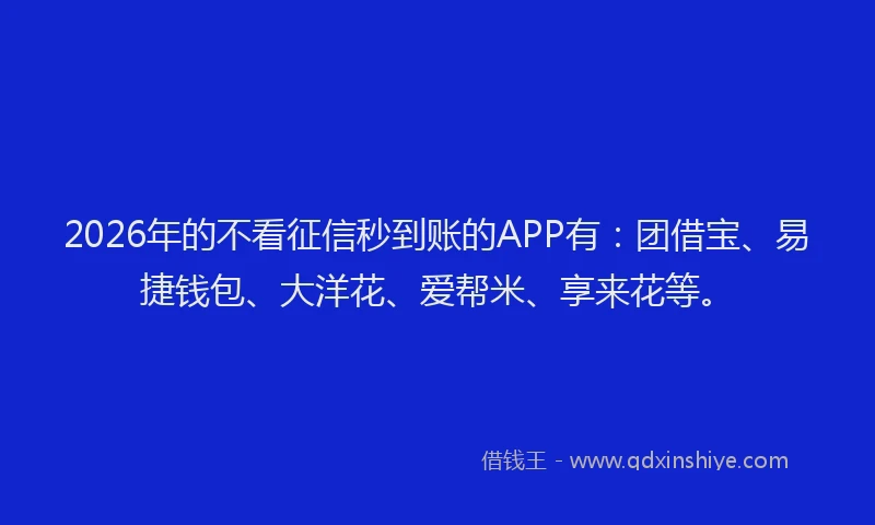 2026年的不看征信秒到账的APP有：团借宝、易捷钱包、大洋花、爱帮米、享来花等。