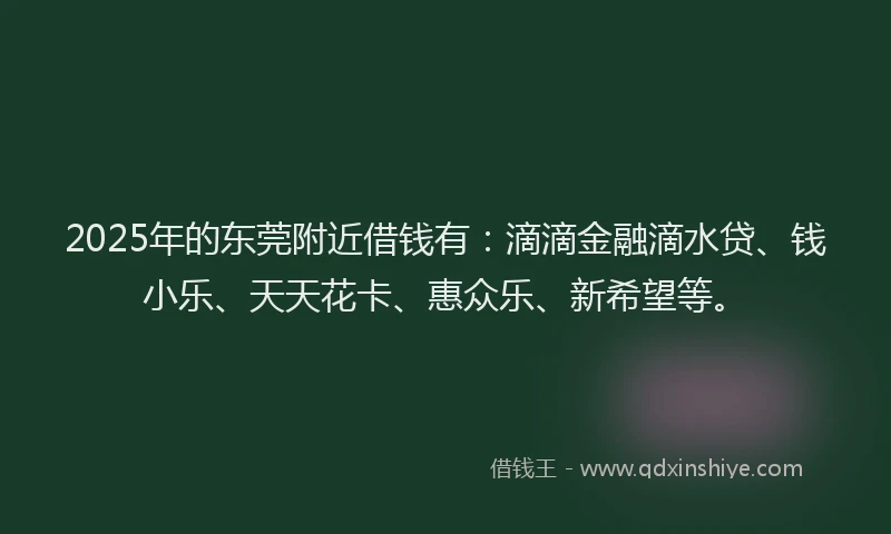 2025年的东莞附近借钱有：滴滴金融滴水贷、钱小乐、天天花卡、惠众乐、新希望等。