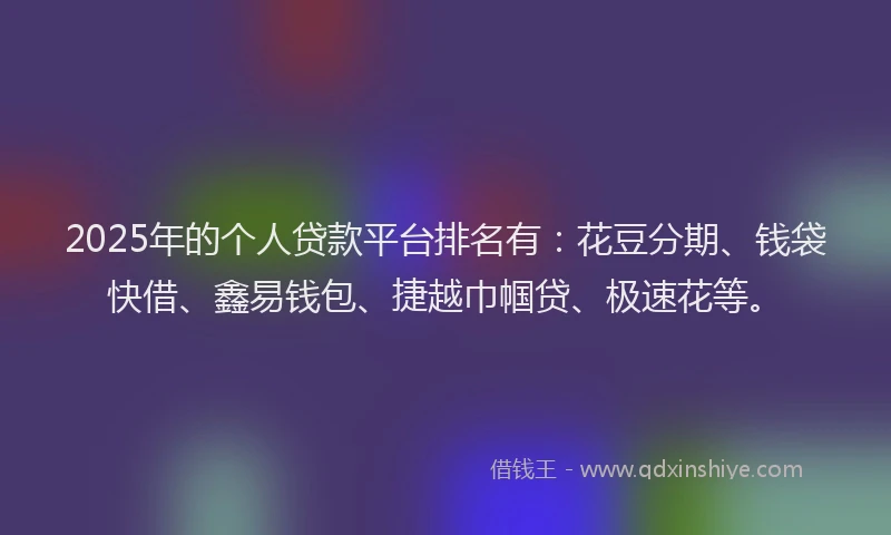 2025年的个人贷款平台排名有：花豆分期、钱袋快借、鑫易钱包、捷越巾帼贷、极速花等。