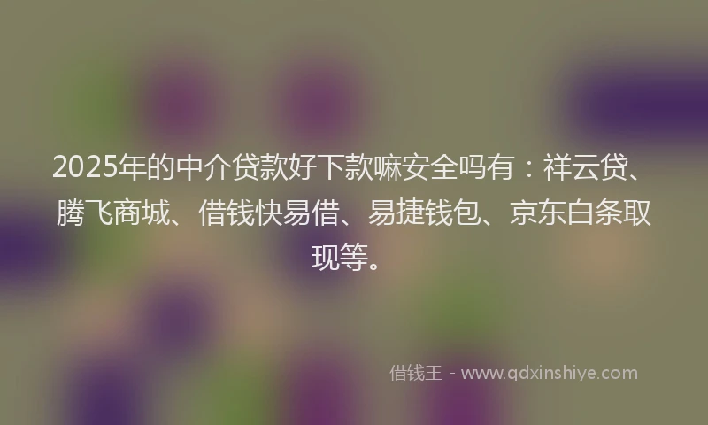 2025年的中介贷款好下款嘛安全吗有：祥云贷、腾飞商城、借钱快易借、易捷钱包、京东白条取现等。