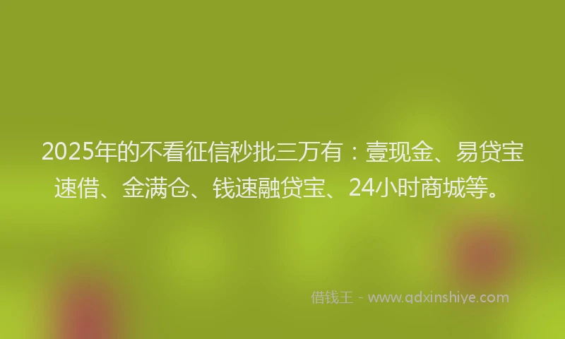 2025年的不看征信秒批三万有：壹现金、易贷宝速借、金满仓、钱速融贷宝、24小时商城等。