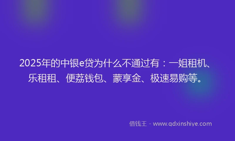2025年的中银e贷为什么不通过有:一姐租机、乐租租、便荔钱包、蒙享金、极速易购等。