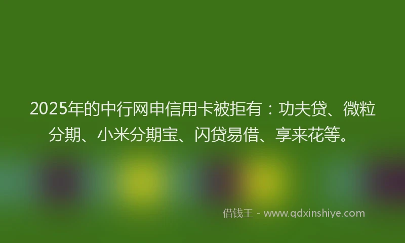 2025年的中行网申信用卡被拒有：功夫贷、微粒分期、小米分期宝、闪贷易借、享来花等。