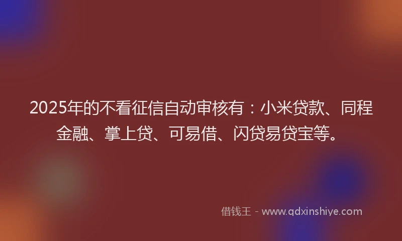 2025年的不看征信自动审核有:小米贷款、同程金融、掌上贷、可易借、闪贷易贷宝等。