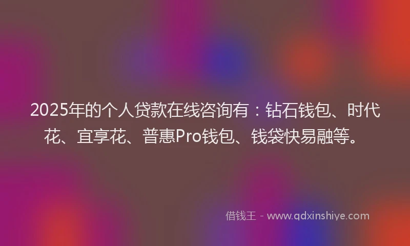 2025年的个人贷款在线咨询有：钻石钱包、时代花、宜享花、普惠Pro钱包、钱袋快易融等。