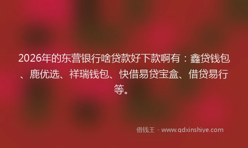 2026年的东营银行啥贷款好下款啊有:鑫贷钱包、鹿优选、祥瑞钱包、快借易贷宝盒、借贷易行等。
