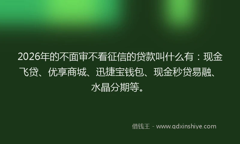 2026年的不面审不看征信的贷款叫什么有：现金飞贷、优享商城、迅捷宝钱包、现金秒贷易融、水晶分期等。
