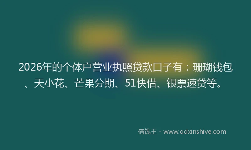 2026年的个体户营业执照贷款口子有：珊瑚钱包、天小花、芒果分期、51快借、银票速贷等。