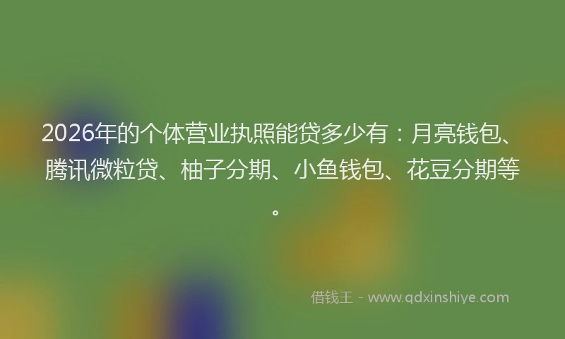 2026年的个体营业执照能贷多少有：月亮钱包、腾讯微粒贷、柚子分期、小鱼钱包、花豆分期等。